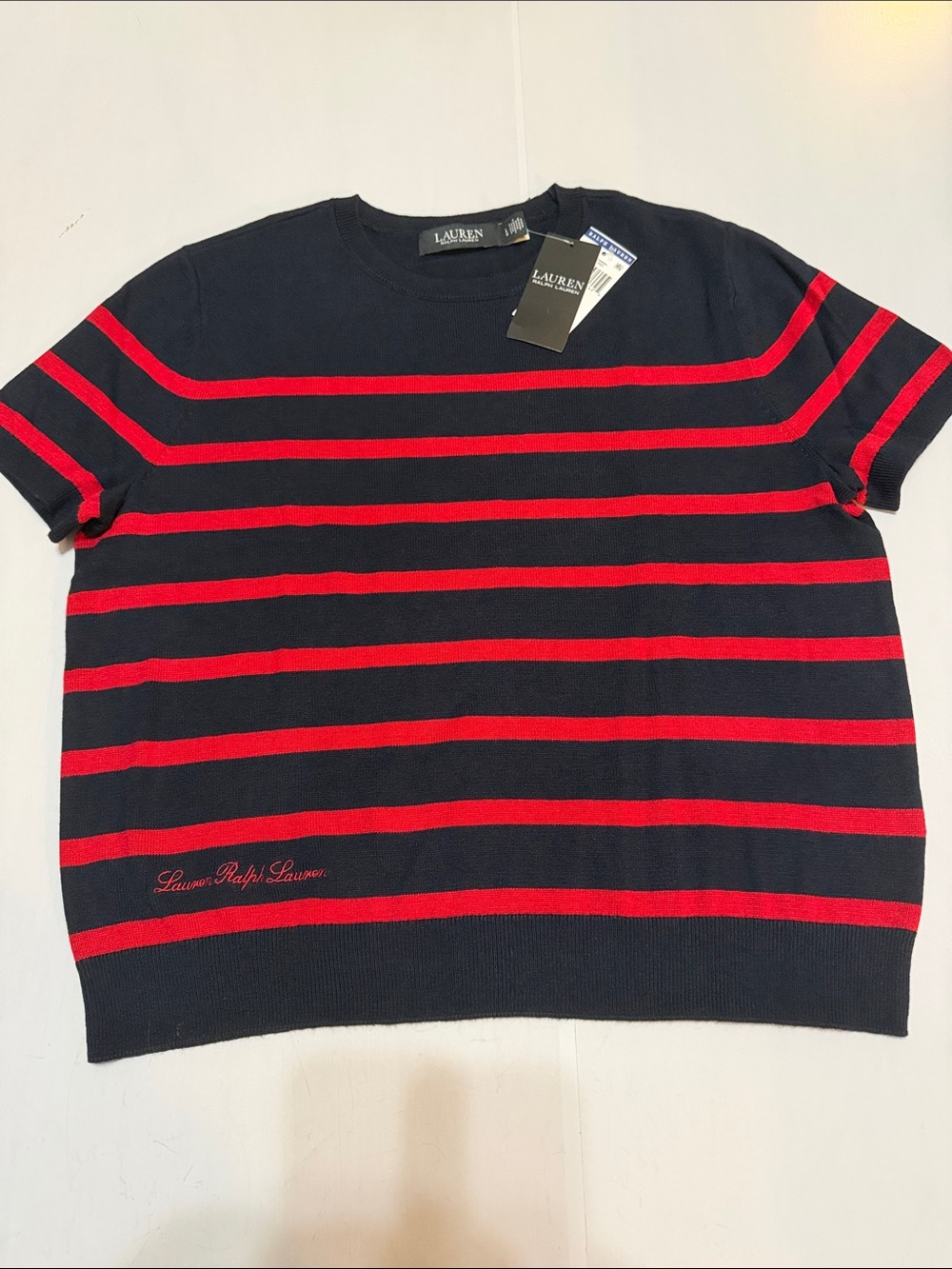 Lauren Ralph Lauren Navy and Red Striped Short-Sleeve Crewneck Sweater L NWT